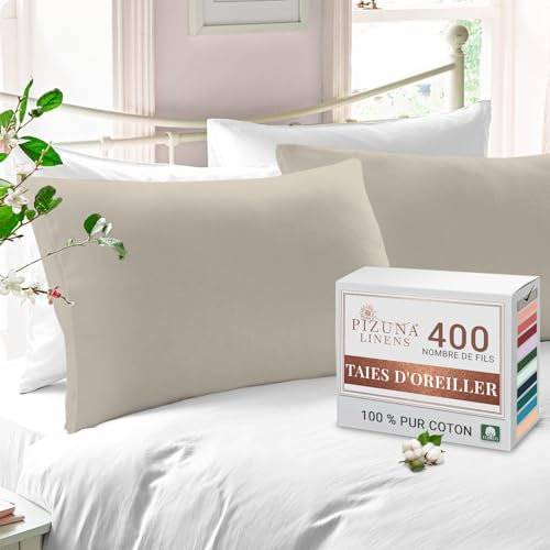 Pizuna Coton Peigné Set de 2 Taies d'oreiller 50x75 cm Simplement Taupe, 100% Coton Longue Tige 400 Fils Armure Satin Taies d'oreiller en Coton 50x75 avec Rabat de 20cm (taies d'oreiller 2 Pièces)