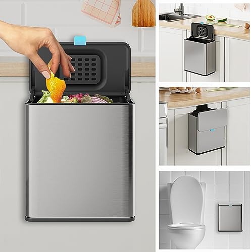 LINSSEN Edelstahl-Hängemülleimer mit Deckel und Inneneimer, 2 Gallonen, Küchenkomposteimer für Theke, unter der Spüle oder Wandmontage, kleiner Mülleimer für Schrank/Badezimmer/Schlafzimmer/Wohnmobil