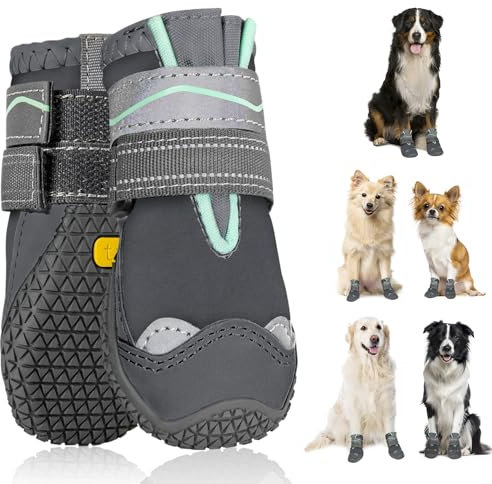 SlowTon Hundeschuhe Pfotenschutz, 2 Stück wasserdichte Hunde Schuhe Outdoor mit Rutschfester Sohle, reflektierendem Klettverschluss Hundestiefel für kleine mittlere große Hunde Winter(Grau, Size 4)