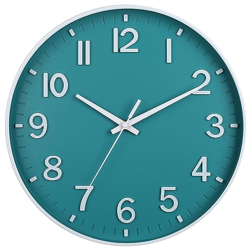 HZDHCLH Reloj de pared silencioso de 12 pulgadas para sala de estar, dormitorio, cocina, oficina (verde azulado)