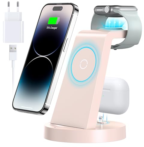 3 in 1 iPhone Ladestation Kabelloses Ladegerät für Apple - Wireless Charger für 16e 16 15 14 13 12 11 X Pro Max & Apple Watch 10 9 8 7 6 SE 5 4 3 2 Air Pods 4 3 Pro mit 18W Fast Adapter(Rosa)