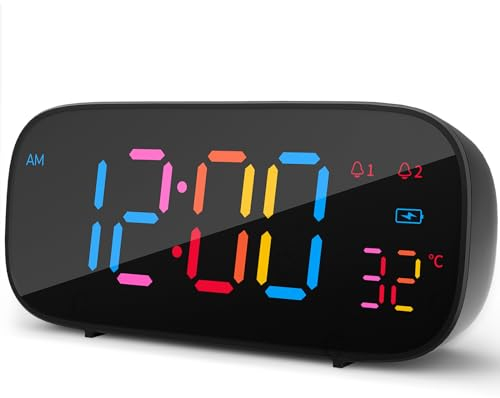 LIORQUE Réveil Numérique, Reveil a Piles LED en Couleur avec Fonction de Snooze, Reveil Digital avec Température, 0-100% Luminosité, 8 Sonneries, 2 Alarmes, 12/24H, Port de Charge USB, Noir