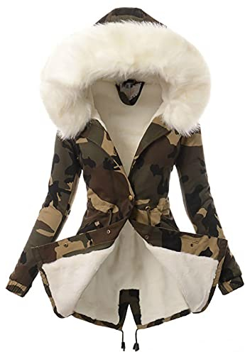 Steppjacke Damen Sweatjacke Strickjacke Grobstrick Frauen Warme Camouflage GefüTtert Padded Jacke Mit Fellkapuze Herbst Winter Langarm Winddichte Outdoor Blauer Usa(Weiß, L)