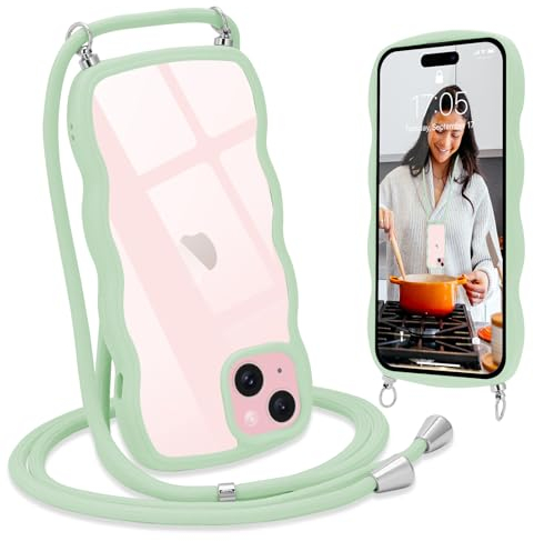 L-FADNUT Handykette für iPhone 15 Hülle mit Band, Silikon Wellen Rahmenform Handyhülle mit Kordel zum Umhängen, Transparent Schutzhülle Case für iPhone 15, Grün