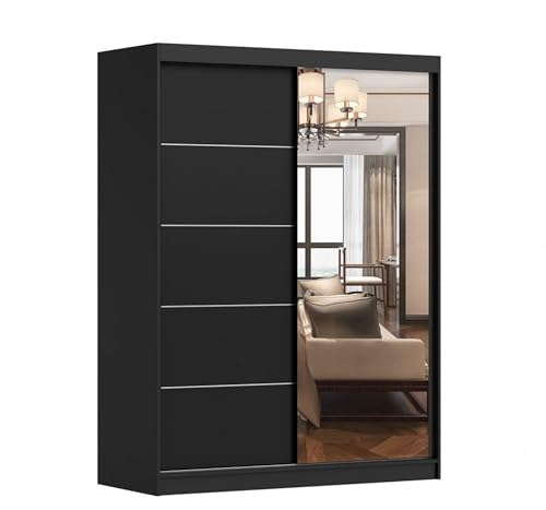 mb-moebel Armoire de Chambre avec 2 Portes coulissantes et Miroir Dressing Garde-Robe Penderie (Tringle) avec étagères (LxHxP):150x200x61 cm - Beni 05 Dark (Noir, 150)