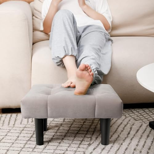Balama Repose-pieds - 37 x 25,5 x 23 cm - Avec pieds en bois - Siège rembourré en velours - Gris