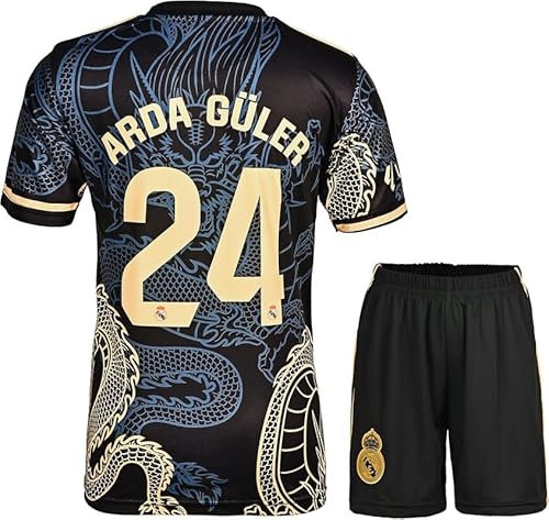 KISRAS R. Madrid Guler #24 Black Dragon Retro Limitierte Sonderedition Seltenes Fußball Kinder Trikot Shorts Set Jugendgrößen (Schwarz,152)
