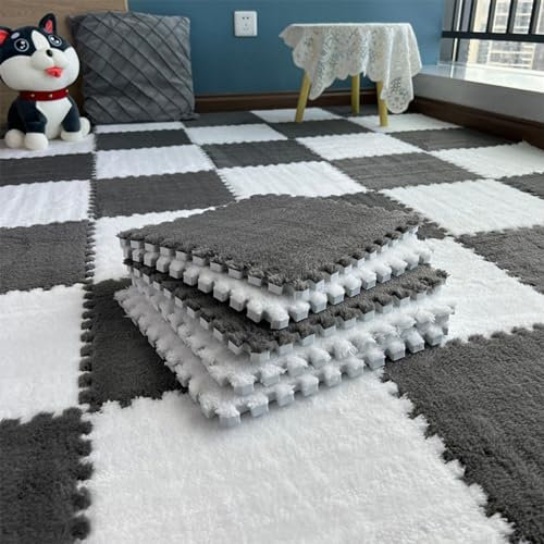 Haklein Plush Foam Floor Mat, 30x30x1cm Playmats Puzzle Rug Foam Floor Tiles Mat, Non-slip Soft Interlocking Carpet Area Rug for Room Decor (30Pcs,Grey and White)