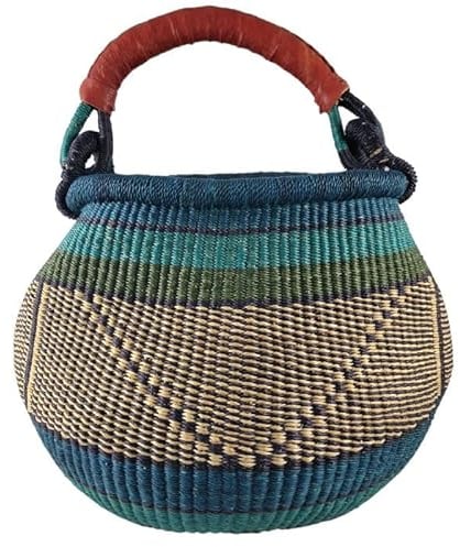 Bolga Gambigo Afrika - XXL - Das Original aus Ghana - Bunt - Fair Trade - Rund - Viele Farben - Afrikanischer Graskorb mit Ledergriff - Flechtkorb 30-40 cm - Rundkorb mit Wunschdesign (Puruku)