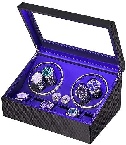 ANWBROAD Uhrenbeweger für Automatikuhren 4 Uhren+6 extra Speicherplätze 4 Drehmodis mit super leisem Mabuchi Automatik Uhrenbeweger Watch Winder Uhrendreher Karbonfaser USB-Aufladung JWW002B