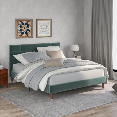 MQGPM Polsterbett 140 x 200cm mit Lattenrost, Doppelbett Lattenrost aus Holz mit Kopfteil für Erwachsene&Jugendliche (Ohne Matratze, Grün)