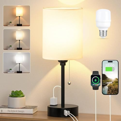 TRUYOK Dimmbar Nachttischlampen mit Ladefunktion USB A+C-Anschlüssen Steckdosen Tischlampe mit Zugschalter, Leinen Lampenschirm, Nachtlichter für Schlafzimmer Wohnzimmer Kinderzimmer Büro Kleine Lampe