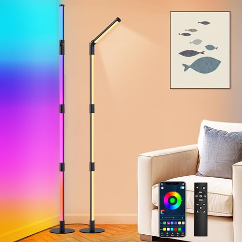 Fortand Lampadaire sur Pied Salon, RGBW Lampe D'angle Dimmable avec Télécommande et App, Pivotante à 360° et Amovible, 16 Millions de Couleurs, Musique Sync, Moderne LED Lampadaire pour Chambre,160CM