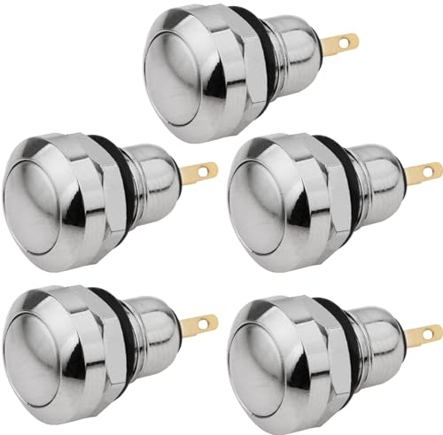 CLDIY Lot de 5 interrupteurs à Bouton-Poussoir momentanés en métal, étanches, Pointe argentée, Mini Micro Rond de 8 mm, DC36 V/2 A, Auto-réinitialisation pour Sonnette de démarrage électrique, Pied d