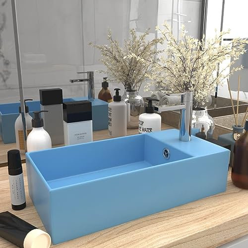 Rantry Lavello da bagno con troppopieno in ceramica azzurro, lavabo da appoggio, lavello per lavabo da bagno, lavandino da bagno per piccolo guardaroba bagno