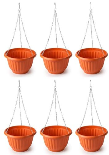 AC - Pack de 6 macetas Redondas Colgantes, plástico, Tiesto, macetero, Recipiente para Plantas, Flores, balcón, terraza, hogar, Fabricada en España (Marrón - 25 x 15 cm)