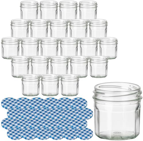 gouveo 24er Set Einmachgläser 100 ml Dekagon mit Schraubdeckel karo-blau - Zehneckige Gläser mit Twist-Off Verschluss - Kleine Vorratsgläser für Selbstgemachtes (EGD100KB)