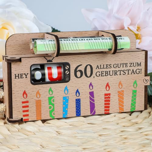 TUZELIYA Originelle 60. Geburtstag Geldgeschenke Holz - Duplo Schokoriegel-Geschenkbox Deko - Geschenkideen zum 60. Geburtstag Frauen Männer - OHNE Duplo