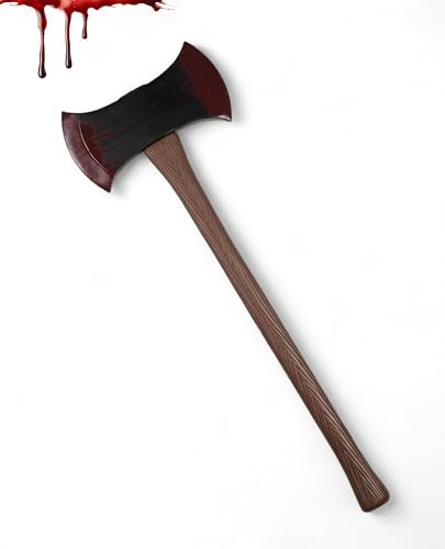 Adult Halloween Plastic Prop Weapons Fancy Dress Accessories Fake Bloody Toys Machete Slasher Knife Cleaver Axe for Halloween Zombie Butcher Cosplay Props (Double Headed Axe)
