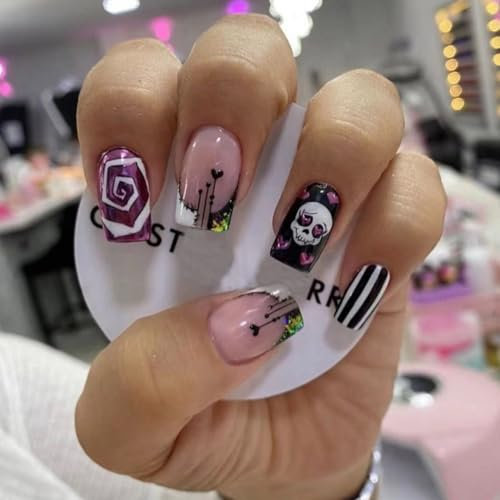 Vatocu Halloween False Nails Short Black Pink Press on Nails Skull Hearts Fake Nails Stripe Square Acrylic Stick on Nails for Women (24pcs)