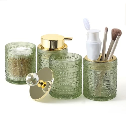 DASITON Badezimmer Zubehör Set aus Glas, 4-teiliges Badezimmer Set von Seifenspender, Zahnbürstenhalter, Zahnputzbecher, Wattestäbchen Behälter, Deko Bad Sets Hochwertiges Badaccessoires Sets (Grün A)