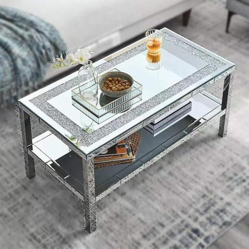 Moderner rechteckiger, silberfarbener verspiegelter Couchtisch mit 2 Etagen, Kristall-Inlay, glänzendes Finish und Edelstahlrahmen, eleganter Cocktailtisch/Beistelltisch für Wohnzimmer (89,9 cm)