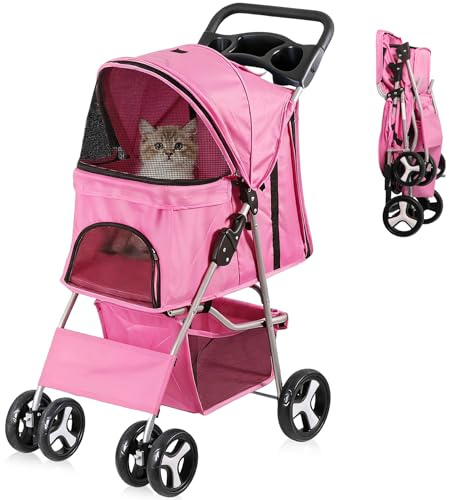 Epetlover Poussette pliable à 4 roues pour animal domestique pour chats de petite et moyenne taille, sac de transport pour voyage, camping, chiot avec panier de rangement et porte-gobelet, rose