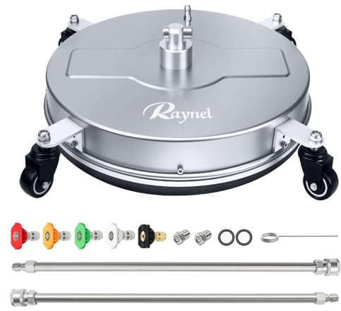 RAYNEL 45,7 cm Hochdruckreiniger-Oberflächenreiniger mit 4 Rädern, Edelstahlgehäuse, 6,35 mm Schnellstecker, 2 verlängerte Stäbe, 2 Ersatzdüsen und 5 Sprühdüsen