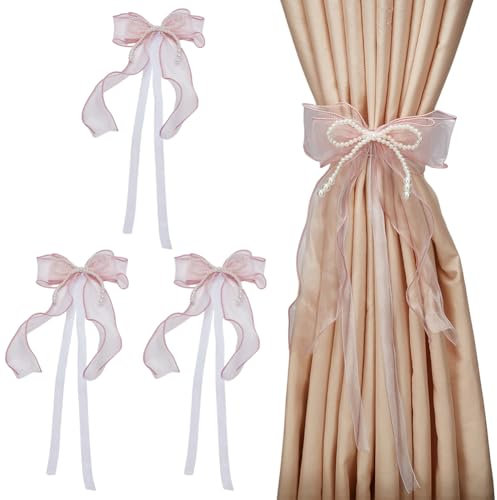 FINGERINSPIRE 4 Stück Vorhang Raffhalter Mit Schleife Schmetterlings Vorhangbänder Mit Perlen Misty Rose Schleife Perlen Vorhangbänder Schleife Vorhanghalter Schnalle Für Vorhanghalter Bindeseil