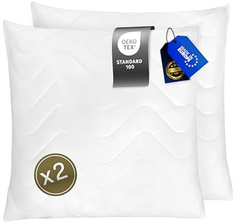 FAM' Home luxuriöses Kissen 65x65 2er Set – Kopfpolster Volumenfüllung (820 g) - ergonomische weiße Bettkissen - Leichte Pflege - Schlafkissen Allergiker Waschbar bis 95 °C - Kopfkissen 65x65