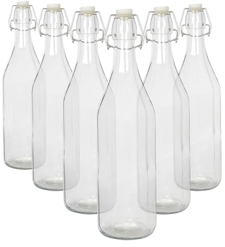 Argon Tableware 1.1 Litre Glass Bottles with Swing Top - Clear - 6x Reusable Empty Water Wine Milk Olive Oil Juice Gin Home Brew Brewing Drinking Fridge Dispenser Storage Jars with Stopper Lid