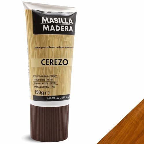 TECHZOCO Masilla Madera Cerezo, Ideal para rellenar y y reparar madera al interior, Masilla lista al uso, Rellenadora de agujeros, Color Cerezo, Contiene 150 gramos
