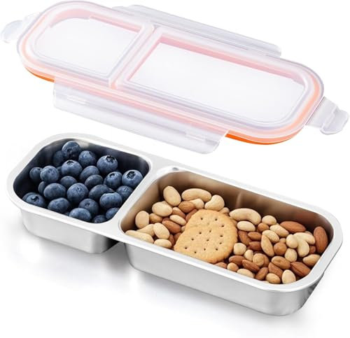 Ugotit Snack Containers, Reusable Leakproof Stainless Steel Food Storage Containers with Lids, 2 Compartment Snackle Box Organizer, Dishwasher Safe for Meal Prep, Dips, Nuts (24zo, Orange)