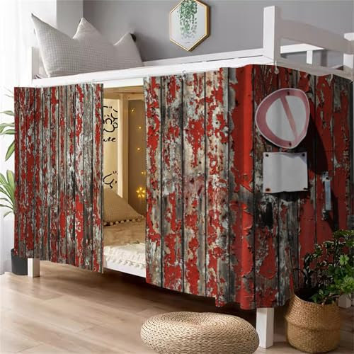 FANSU Etagenbett Vorhang, 3D Holzbrett Muster Bettvorhang Hochbett Etagenbett Blackout Staubdicht Privatsphäre Bett Vorhang Vorhänge Moskitonetz für Schlafzimmer (Rot Holzbrett,Top)