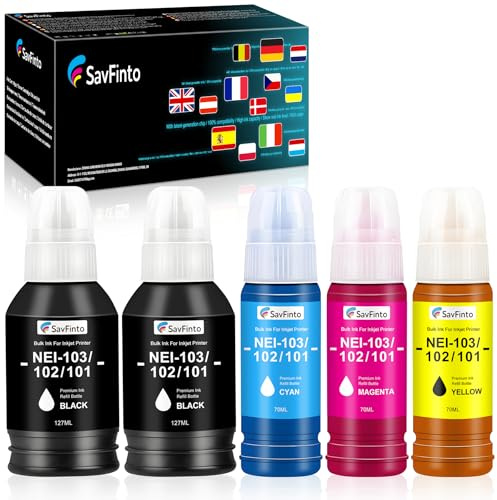 SavFinto 104 Tinte Ersatz für Epson 104 Tintenpatronen Nachfülltinte Kompatibel mit Epson EcoTank ET-2710 ET 2711 ET-2712 ET-2714 ET-2715 ET-2720 ET-2721 ET-2726 ET-4700 (5 Stück, 2BK/C/M/Y)