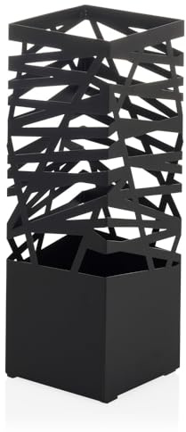 hjh LIVING Paragüero de metal con bandeja colectora de agua PLUVARIS con 2 ganchos, almohadillas antideslizantes, 15 x 15 x 43 cm, color negro