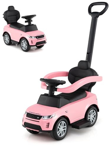 SOARS 3 in 1 Land Rover Rutschauto, Rutschfahrzeug mit Abnehmbarer Schiebstange, verstellbarem Schutzbügel, einklappbaren Fußstützen, Hupe, Stauraum, Spielzeugauto für Kinder ab 1 Jahr (Rosa)