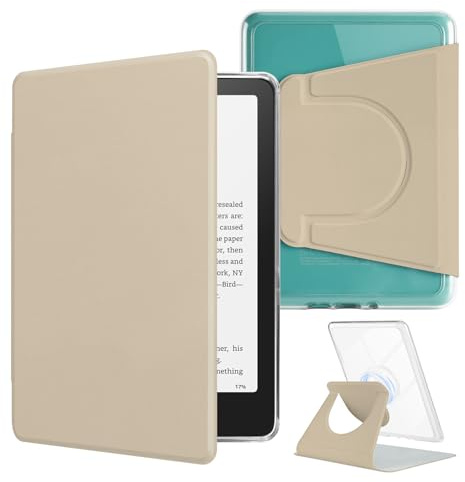 HOICHOE 360° Rotating Case for All-New 7 Kindle Paperwhite 12th Gen 2024 & Kindle Colorsoft SE, PU Leather Magnetic Detachable Stand Cover, Clear Hard Back Shell, Auto Sleep/Wake, Oat Coffee