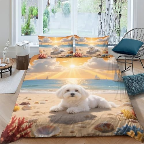 Malteser Bettwäsche Set Weiche Mikrofaser Bettbezug-Set Mit 3D Hund Meeresküste Beach-Design Mit Reißverschluss & Kissenbezug Für Jugendliche Und Erwachsene Double（200x200cm）