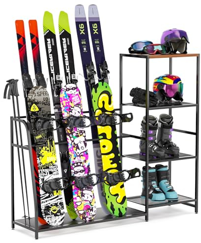YSJWAER Ski-Snowboard Storage Rack Holder - Freestanding Ski Equipment Organizer Snowboard Boot Stand Garage Gear Storage