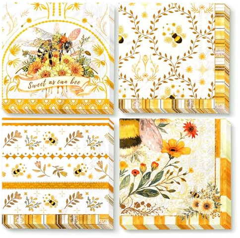 NICROLANDEE Bienen-Motiv Party Servietten 24 STÜCK Cocktail Papiertücher 3-lagig Einweg Servietten für Baby-Shower Deko, Hochzeit, Abendessen, Geburtstagsparty Zubehör