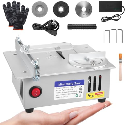 Mini Table Saw, Portable Precision Table Saw for Woodworking, 96W Mini Desktop Electric Cutter with Liftable Blade 16MM Cutting Depth, Adjustable Speed & Angle, Includes Dust Hose Brush & Gloves