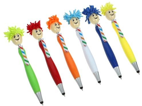 Mobestech 6pcs Plush Hair Mop Head Cartoon Ballpoint Pens for Students Plastic Body Multicolor Mixed Set with and Creative Writing Pens