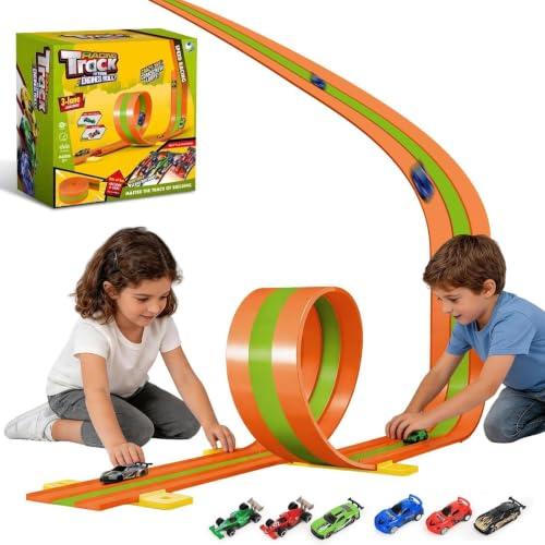 Flexible Autorennbahn,5 m inklusive 6 Autos,Rennstrecke Auto-Autobahn Kinder rollt auf DREI Rennbahn-Rampen,tragbar für Innen Außen geeignet,Autorennbahn Track für 1:64 Autos,Geschenk ab 3+Jahren