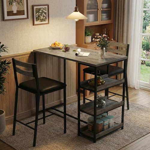 Litake Esstisch Set Für 2 Mit 3 Aufbewahrungsregalen, Küchentisch & Stühle Für 2 Polsterstühle & Dicke Holzplatte, 3-Teiliger Esstisch Set Für Kleinen Raum, Wohnung, Studio, Grey
