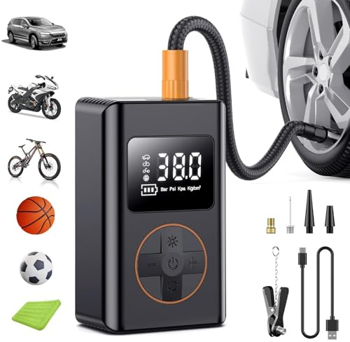 Tyre Inflator Air Compressor, Car Tyre Pump 5 Modes 6000mAh 150PSI Auto Shut-Off Auto Pump w/ 5 Nozzles Flashlight Cordless Inflators Car Accessories for Motorcycle Car, Bicycle, Ball
