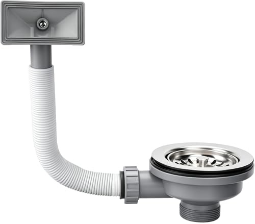 Kitchen Sink Waste Kit with Overflow Pipe, with Rectangle Overflow Pipe | 114mm Basket Strainer Stainless Steel Sink Waste Kit, Kitchen Sink Strainer for Sink Hole Size 83-90mm Silver