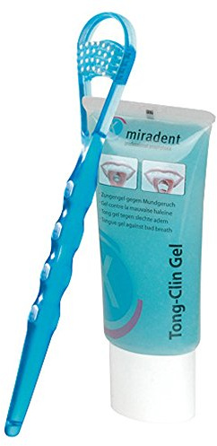 miradent Tong-Clin Set Zungenreiniger und Zungenreinigungsgel 50ml | zur sanften Beseitigung von Zungenbelägen und Mundgeruch | alkoholfrei | kurzes Borstenfeld | extra flach