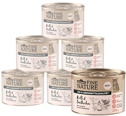 Dehner Fine Nature Katzenfutter, Nassfutter getreidefrei, für ausgewachsene Katzen, Kalb / Truthahn, 6 x 200 g Dose (1.2 kg)