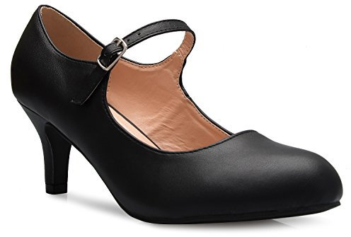 Olivia K Womens Classic Low Mid Heels Mary Jane Pumps - Adorable Round Toe Vintage Retro Shoes, Black Pu, 6 UK